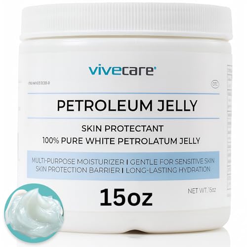 ViveCare White Petroleum Jelly (15 oz) - 100% Pure White Petrolatum Skin Protectant Ointment Hypoallergenic Fragrance-Free Moisturizer for Dry Sensitive Skin Body Lips Cuts Burns & Wound Healing