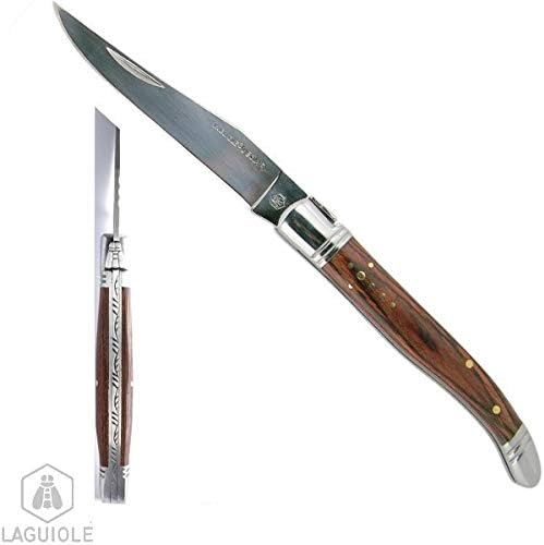 Laguiole Trekker knife with knife, leather case, and sharpener, exotic wood handle, 22cm