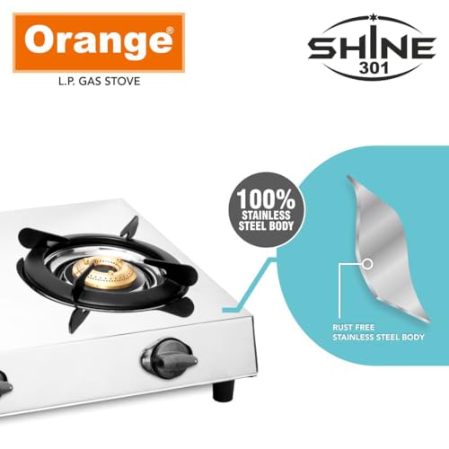 Image of Orange 3 Burner Gas Stove Stainless Steel Shine Manual | Silver | Spill Proof | Ergonomic Knobs | Tri-Pin Brass Burners (ISI Certified)