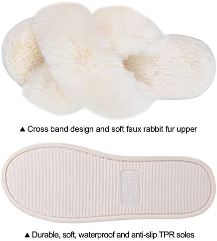 Parlovable Set of 2 Pairs-Women's Furry Slippers Cross Band (Cream) & Open Toe (Beige) Slippers Plush Fur Cozy Comfy House Bedroom Shoes Indoor, US Size 9-10 | Image 1