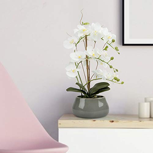 Livilan White Orchid Artificial Flowers With Pot Large Fake Silk Orchids Plant Orquidea Artificial Phalaenopsis Orchid With Ceramic Grey Vase Indoor Decor Table Decoration #TOP4