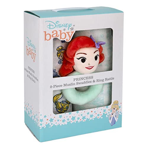 Disney Princess White, Pink, Yellow, And Aqua 2Pk 100% Cotton 44" X 44" Muslin Swaddles With Ariel Plush Rattle #TOP4