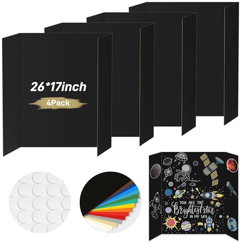 Image of PSHVYM 4 Pcs Black Trifold Poster Board, 26 x 17 inches Poster Board with Double Sided Tapes and Cardboard, Corrugated Presentation /Display Board for School Project, Science Fair, Business