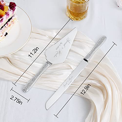 Wedding Cake Knife And Server Set, Personalized Cake Cutting Set, Engraved Elegant Cake Cutters With Sparkling Diamonds, Custom Pie Spatula And Cake Knife, Birthday Bridal Quinceañera Gift (Silver 2) #TOP4