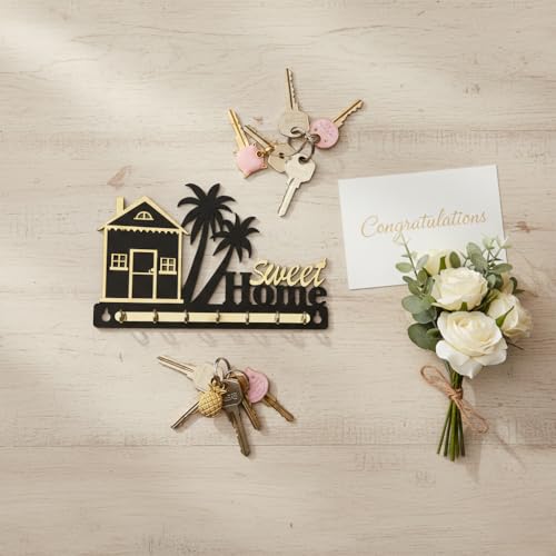 Image of Wooden Key Holder for Wall | Sweet Home Decorative Wall Key Organizer with 7 Stainless Steel Hooks | Premium Home Decor Key Stand for Entrance, Living Room & Office