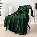 PAVILIA Fleece Throw Blanket for Couch with Pom Pom Fringe, Emerald Green, Soft Cozy Fuzzy Flannel Blanket for Sofa Bed, Lightweight Plush All Season Throw, 50x60 Inches