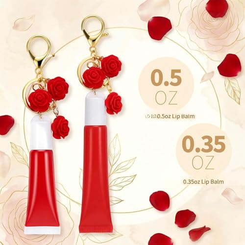 Ecation 4 Sets Rose Charm Lip Gloss Keychain Cap Holder Summer Lip Balm Holder Keychain Favor Friday Lipbalm Key Ring Charm for Wedding Guest Gift Favor Souvenir — view 4