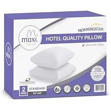 Maxi Deluxe Standard Size Bed Pillow Ultra Soft & Comfortable Versatile for Side, Back & Stomach Sleepers 300TC Cotton Top 2 Pack Standard Size Pillow is 20 x 26