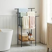 FetiNes Handtuchständer Stehend ohne Bohren, Industrie-Design Handtuchhalter mit 3 Stangen & Holzablage, Freistehendes Badregal für Badezimmer, Schlafzimmer, Flur - Platzsparend, Dunkelbraun/Schwarz