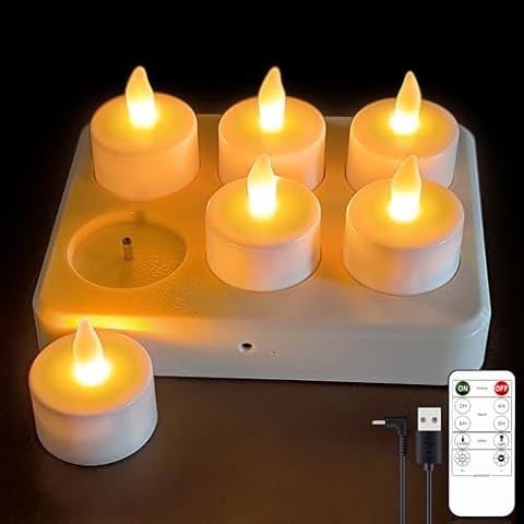 Rechargeable Tea Lights Flameless Candles,Flickering Votive Candle with Remote Timer,Battery Operated LED Tea Lights Candles,Halloween,Christmas,Home,Wedding,Table Decoration 6P Cover