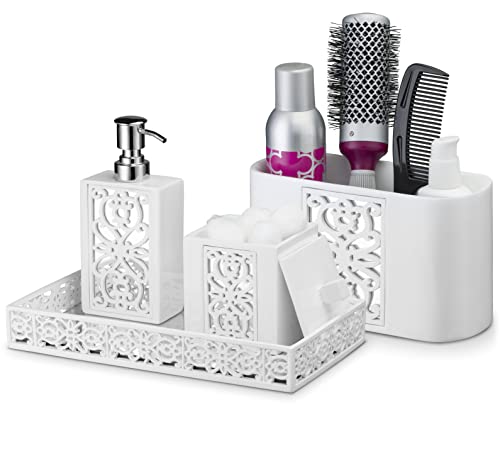 Creative Scents White Qtip Holder With Lid - Decorative Cotton Ball Jar - Durable Cotton Swab Container - Beautiful Bathroom Vanity Accessories - Elegant Bath Storage - (Mirror Janette Style) #TOP5