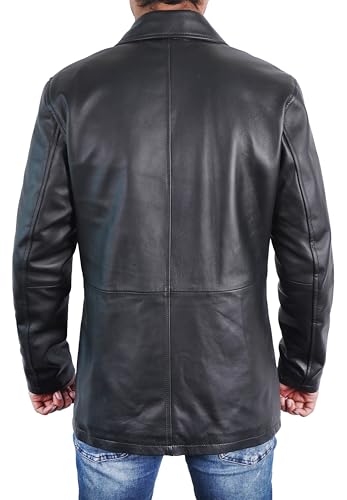 Mens Classic Winter Leather Car Coat 3/4 Length - Button Up Real Lambskin Long Jacket4