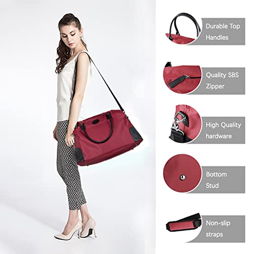 ECOSUSI Duffle Bag Weekender Bag Nylon Overnight Bag Travel Tote Carry On Bag with Trolley Sleeve for Travel, Sports, Red