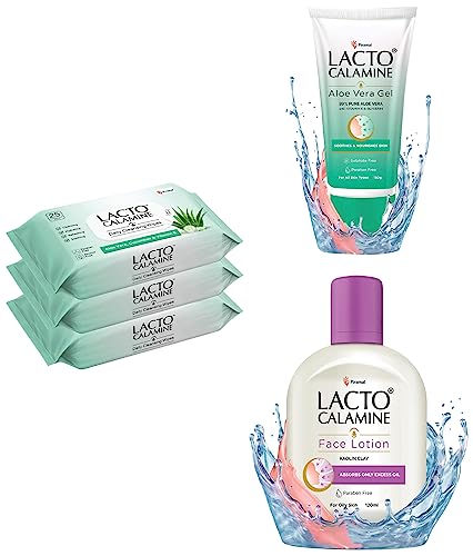 Image of Lacto Calamine Daily Face Cleansing Wipes & Face Lotion for Oil Balance - Oily Skin - 120 ml & Aloe Vera Gel with 99% Pure Natural Aloe Vera, Vitamin E and Glycerin 150 g - Pack of 1