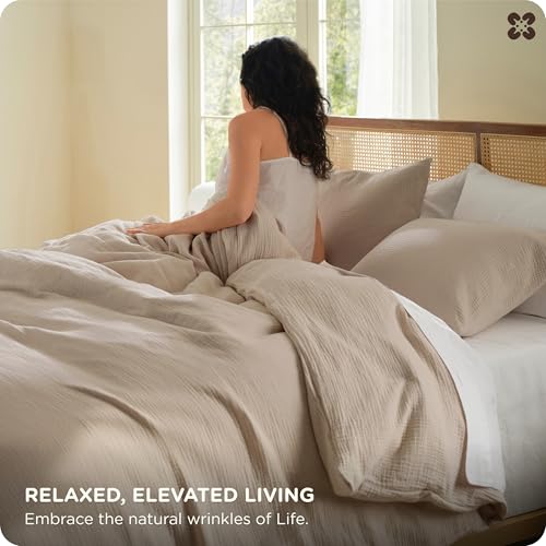 Image of Bedsure PureWoven 100% Cotton Muslin Duvet Cover Queen Size 3-Layer Gauze