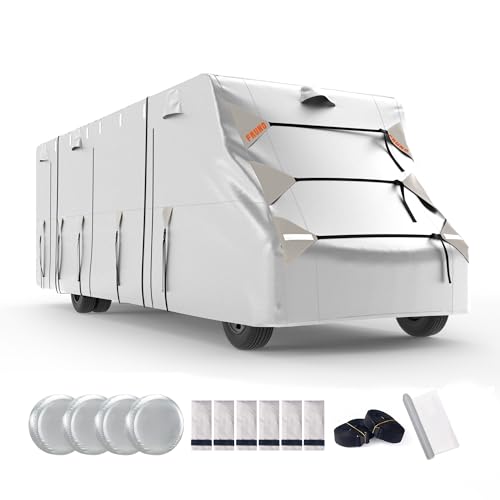 FRUNO Oxford Fabric Class C RV Cover Fits 23'-26' Waterproof Rip-Resistant Anti-UV Motorhome Camper Cover for Winter Snow with 4 Tire Covers and Gutter Covers