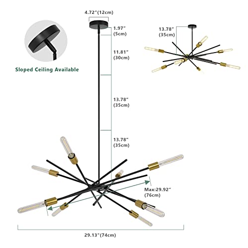 Kighsin Mid-Century Black And Brass Sputnik Chandelier, Modern 8-Light Adjustable Pendant Light Fixture Industrial Swag Metal Ceiling Light For Kitchen Dining Room Living Room Hallway Foyer #TOP2