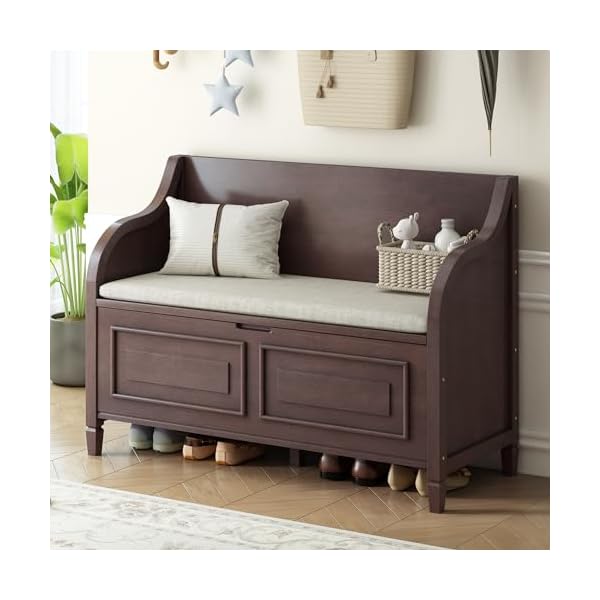 Storage bench with safety hinge wooden entryway benches with shoe cabinets under seat multifunctional storage bench for entryway foyer or a mudroom espresso beige  urban country home decor