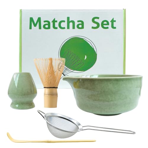 Premium Matcha Set, Macha Tee Set 5-teilig inklusive Matcha-Schale mit Ausguss 18 oz,Bambusbesen , Matcha-Löffel, Besenh...