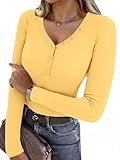 Aottori Camiseta Mujer Manga Larga Elegante Cuello V Top con Botones Ajustada Elástica Punto Acanalado Blusa Básica Casual Túnica Amarillo S
