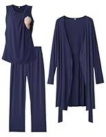 SUNNYBUY Stillpyjama Set Damen 3-teilig Umstands- und Still-Schlafanzug mit Top, Hose und Morgenmantel ideal für Schwangerschaft, Wochenbett und Klinik, Marineblau L