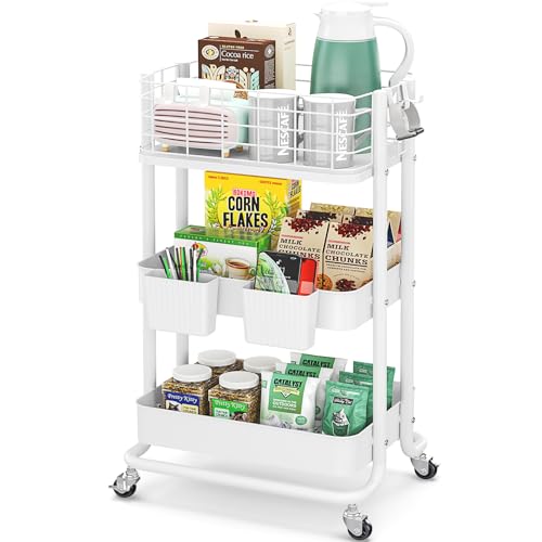 Image of KINGRACK 3 Tier Rolling Cart, Metal Mobile Storage Shelf with Lockable Wheels, Prevent Falling Utility Trolley Cart, Storage Organizer for Kitchen, Office, Bathroom, Dorm, White