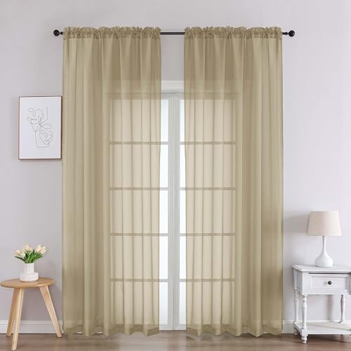 Image of Chyhomenyc Taupe Sheer Curtains 90 Inches Long 2 Panels, Light Filtering Taupe Curtains for Living Room, Soft Gentle Voile Rod Pocket Bedroom Window Drapes, 59Wx90L Inch, 2PCS