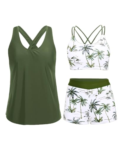 Image of Holipick 3 Piece Tankini Swimsuits for Women Tummy Control Bathing Suits Swim Tank Top with Bra Boy Shorts Teen Swimwear 2026