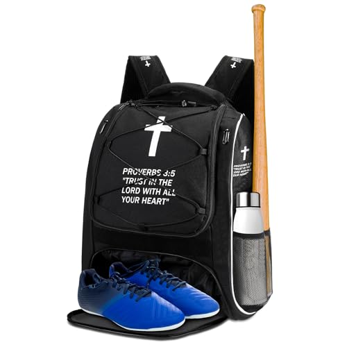 Locmeo Christian Baseball Bag Cross Baseball Backpack for Youth Adult Religious T-Ball Softball Equipment Gear with Separate Shoes Compartment Fence Hook for Helmet & Accessories(Proverbs 3:5)