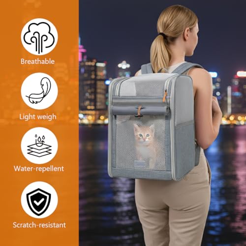 Image of Qpets Cat Cage, Pet Backpack Carrier for Cats & Small Dogs, Oxford Cloth Breathable Mesh Travel Bag with Anti-Anxiety Front Cover Panel Design, Puppy & Kitten Outdoor Hiking Carrier, 42x33x28cm