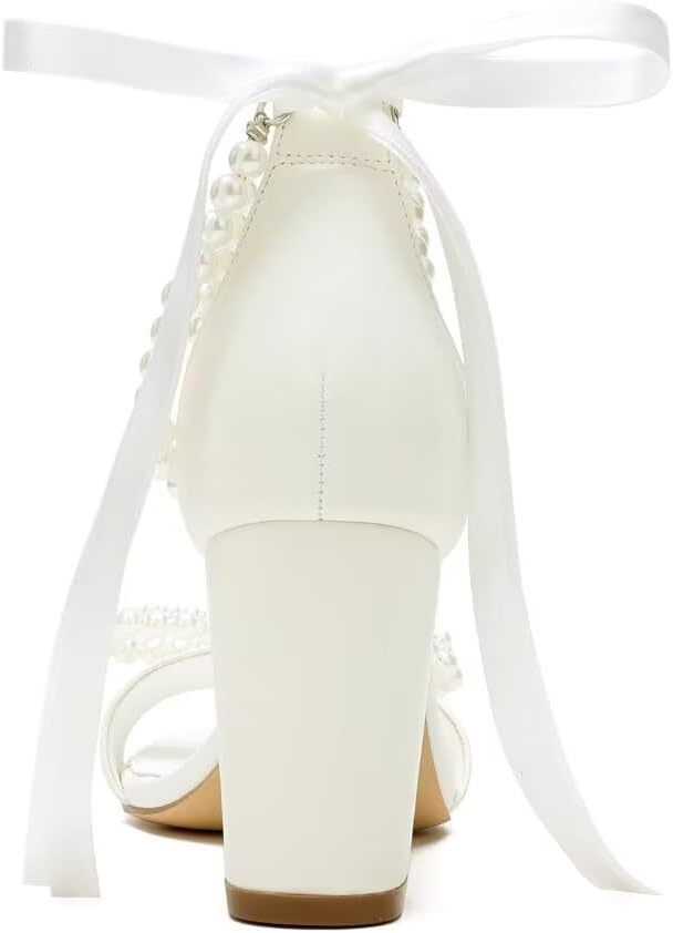 Pearl Heels Bridal Shoes Wedding Shoes for Bride Block Heel Wedding Sandals Wedding Heels with Bow - Image 5