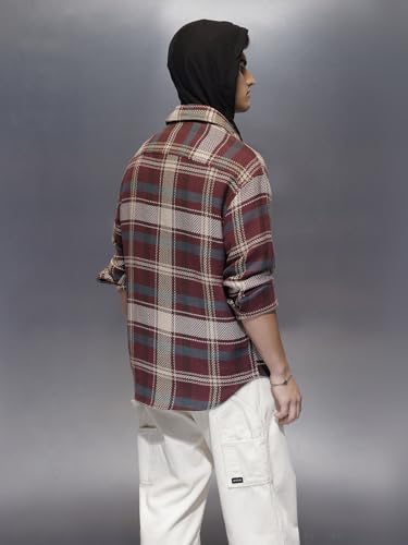 Image of WROGN Men's 100% Cotton Hooded Shirt | Herringbone Checkered | Oversized Fit