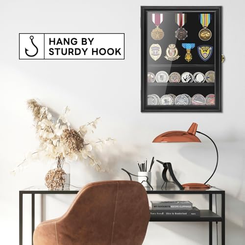 Image of Military Challenge Coin Display Shadow Box Holds Up to 70 Coins, Lockable Wall-Mounted Cabinet for Medals, Pins, Patches & Ribbons, Removable Shelves, Pinnable Velvet Backing, UV Acrylic Door(Black)