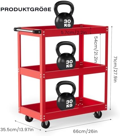Bild 2 - ALANNG Rollender Werkstattwagen, Schwerer Werkzeugwagen mit 3 Tabletts, Metall Servicewagen für Garage & Werkstatt, Rot