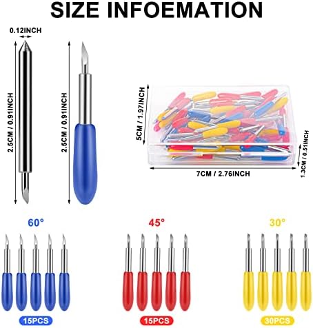 60 Pcs Cricut Blades for Explore Air 2/3 Maker,Roland Cutting Cemented Carbide Blade Set,15 Pcs 30° Fine-Point Blades, 30 Pcs 45° Standard Blades, 15 Pcs 60° Deep Plotter Cutting Blades Replacement