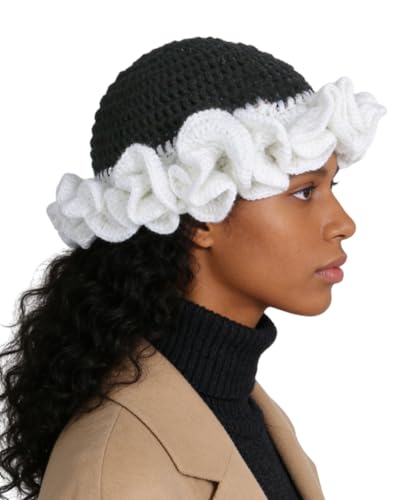 Image of Women Crochet Bucket Hat Cute Winter Ruffled Brim Floppy Cap Handmade Knit Cloche Hats
