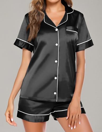 Image of Ekouaer Pajamas for Women Set Silk Satin Pjs Button Down Sleepwear Summer Loungewear Top and Shorts Lounge Set S-XXL