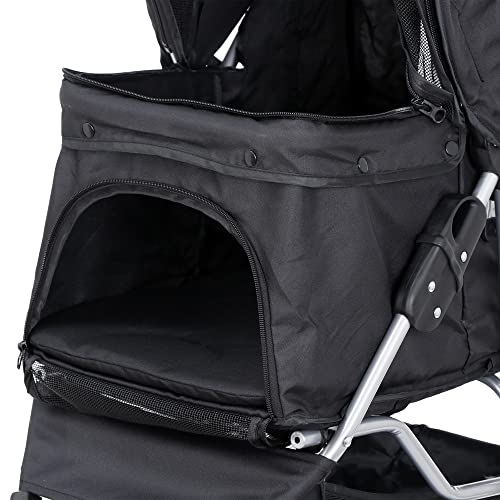 Foldable Pet Stroller for Cats and Dogs 3 Wheels Carrier Strolling Cart with Weather Cover, Storage Basket + Cup Holder - Image 8