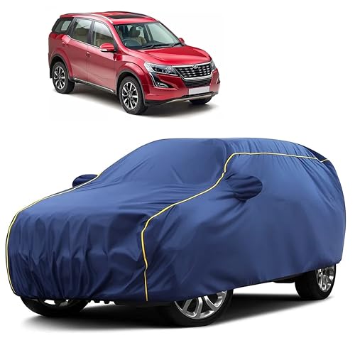 Image of Sulfar 100% Water Resistant Car Body Cover Compatible with Mirror for Mahindra XUV 500 (Triple Stitched, Full Bottom Elastic, Blue Taffeta with Yellow Piping)