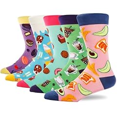 5 Pairs - Fruit Food Style - Avocado Toast Croissant Breakfast Coffee Beverage Ice Cream Popsicle Cold Cake Cookie Baked Macaron Chocolate Dessert Patterns Socks