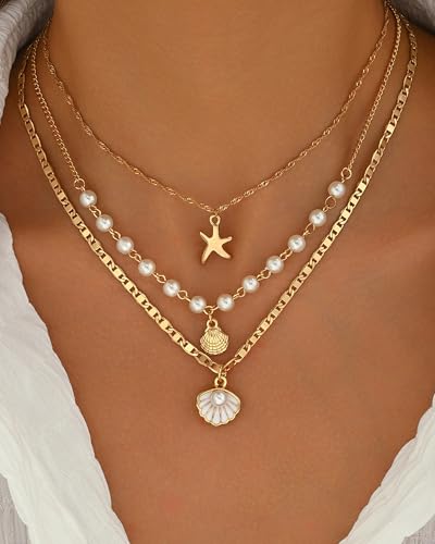 Charm Shell Necklace for Women Layered Gold Seashell Starfish Pearl Necklaces 14k Gold Plated Stackable Neck Chain Summer Beach Hawaiian Jewelry Accessories for Her2