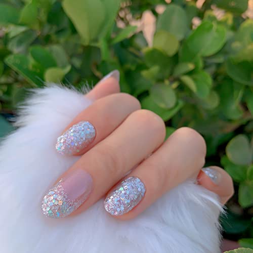 Ikiskt Press On Nails Short Round Holographic Glitter Fake French Nail Clear Gradient Full Cover Shiny Oval False Nails Pre-Design Manicure For Women Girls Daily Office Festival Party 24 Pcs #TOP4