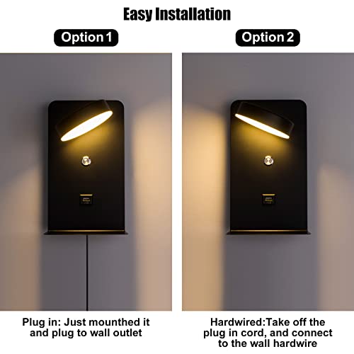 Image of LED Plug in Wall Lamps with USB Charging Port for Bedside, 8W Black Sconces Lights with Shelf Switch Cord 3-Ways Brightness Fixtures for Living Room, Bedroom Illumination for Reading