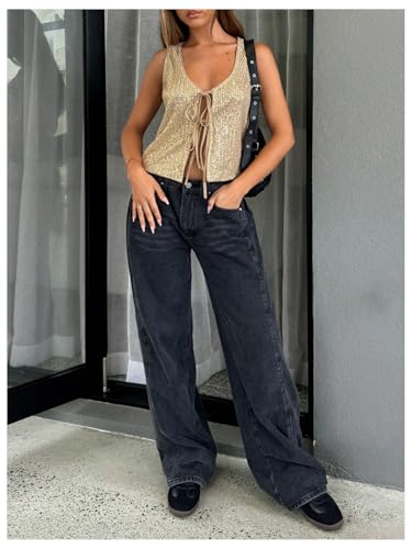 GORGLITTER Women's Sparkly Sequin Tank Tops Tie Front Deep V Neck Sleeveless Going Out Vest Top4