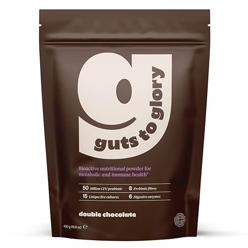 Guts to Glory - Gut Health Blend Made in UK with wholefoods - 50 Billion CFU Complete Gut Powder - Probiotics Prebiotics/Fibre Digestive Enzymes - Vegan Gut Health - (Double Chocolate)