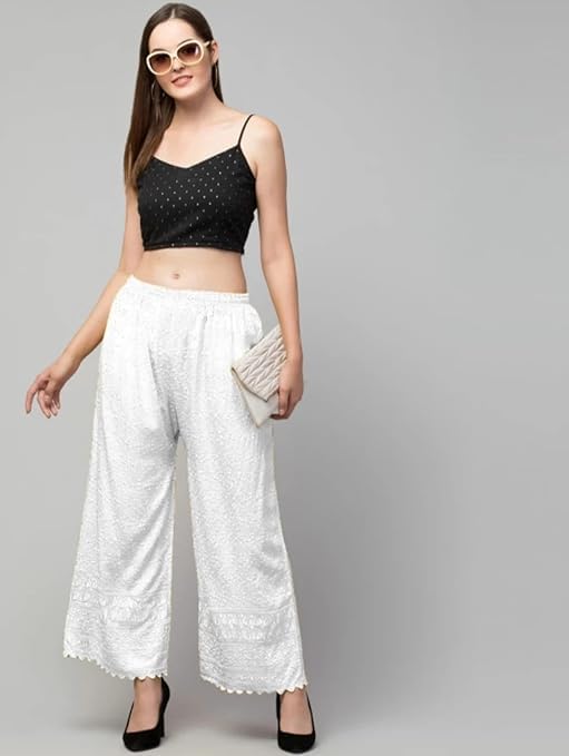 Image of Women's Palazzo Pants Rayon Trousers Chikankari Embroidered Lace Trim Wide Leg Straight Fit Flared Palazzo for Girls & Women