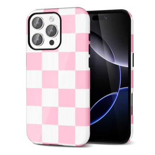 Coque iPhone 16 Pro Max antichoc à motif à carreaux rose protecteur