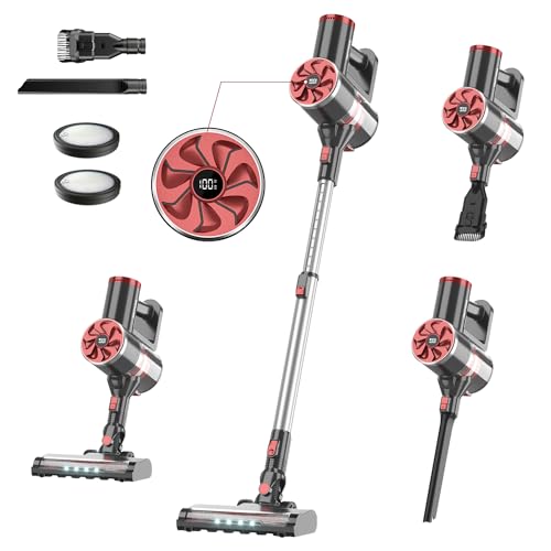 PRETTYCARE Cordless Vacuum Cleaner, Self-Standing, 25Kpa Powerful Suction Stick Vacuum with Smart LED Display, 40Min Long Runtime Brushless Motor, Lightweight Vacuum for Hardwood Floor Carpet Pet Hair