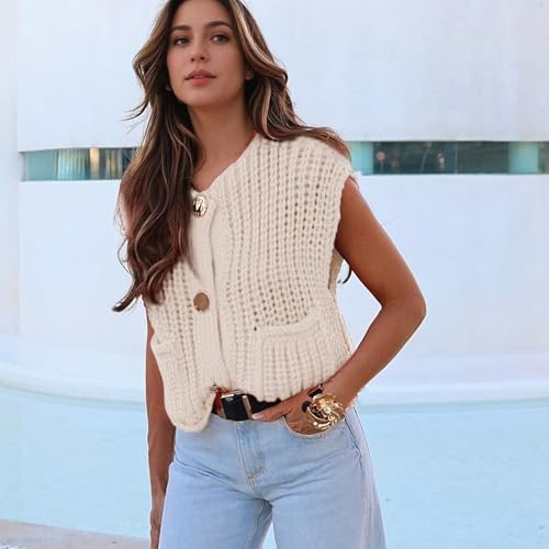 Image of Ainangua Sleeveless Cropped Cardigan for Women Casual Chunky Knit Tank Tops Button Down Open Front Sweater Vest with Pockets