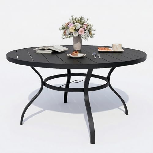 Image of Patio Dining Table, 53 inch x 53 inch Outdoor Round Metal Table with1.57 Umbrella Hole, for Backyards, Porches, Gardens or Poolside, Black
